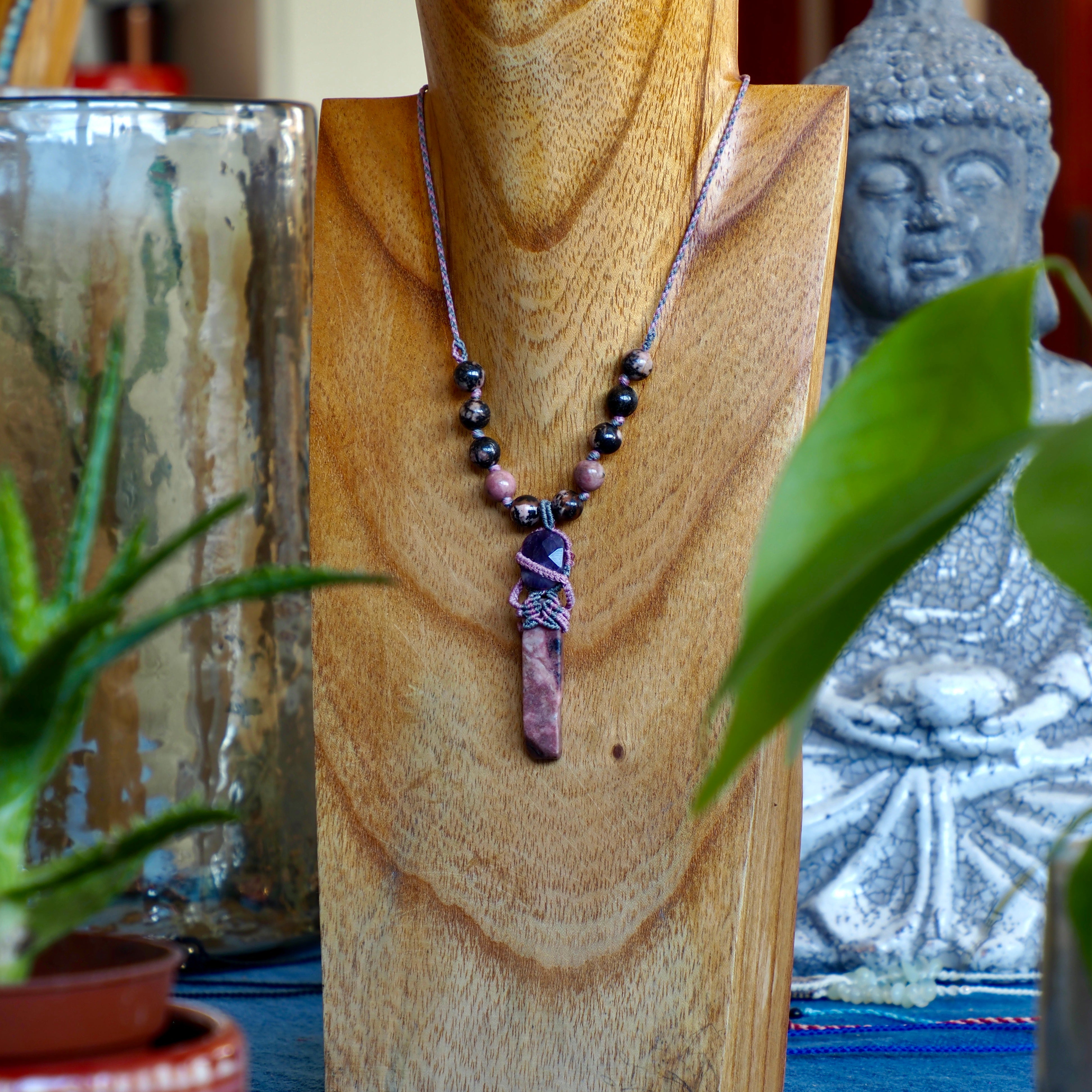 Rustic Rhodonite Necklace with Amethyst