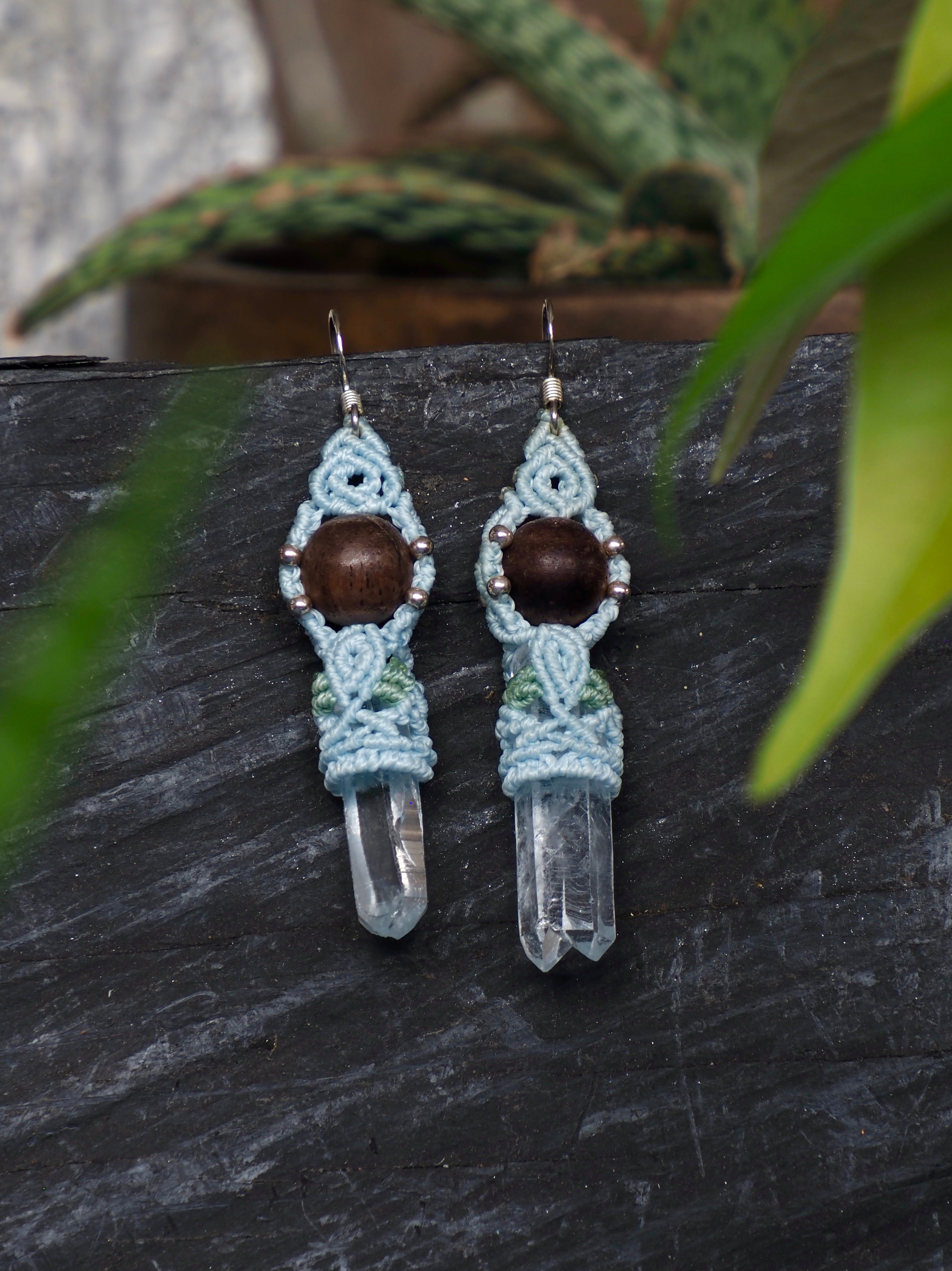 Rose Wood and Quartz Earrings