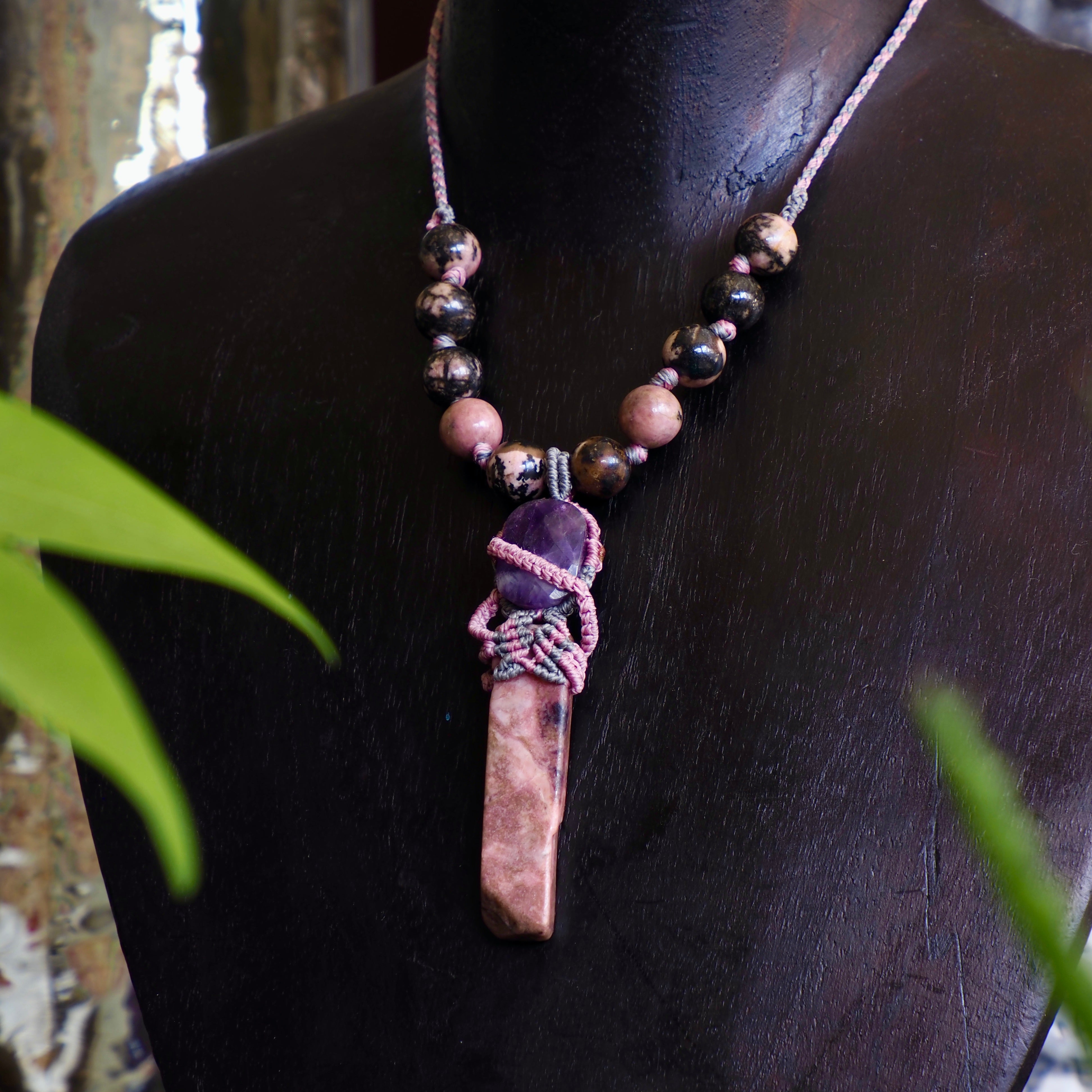 Rustic Rhodonite Necklace with Amethyst